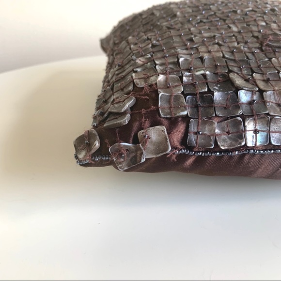 Brown embellished accent pillow - Beaded w/ iridescent “shells” 13” x 13” square - Picture 5 of 10